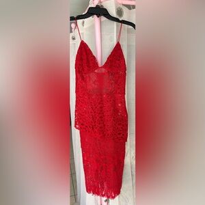 JLUXLABEL Red Lace Spaghetti Strap Midi Dress